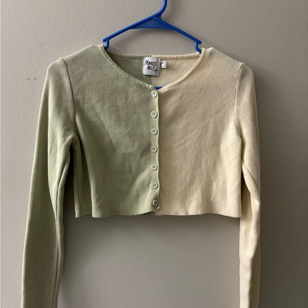 Princess Polly Cream and Green Cropped Button Down Shirt